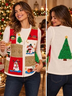 Vintage Lisa International Petite S Ugly Christmas Sweater Vest Beaded Snowman